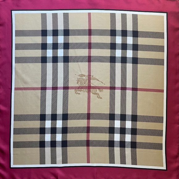 Burberry Scarf Beige Check Burgundy Red Border Silk Wrap - Picture 1 of 14